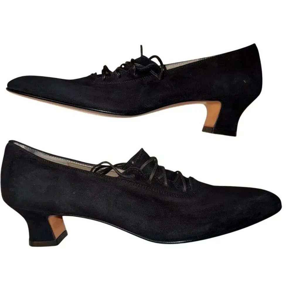 Salvatore Ferragamo Women's Vintage Size 8 Narrow‎ Black Suede Lace-Up Shoes